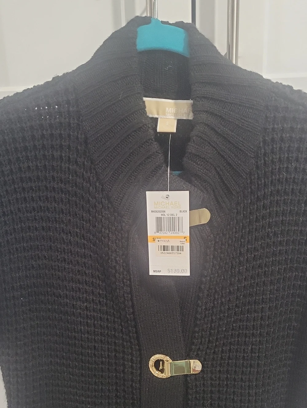 MICHAEL Michael Kors Black Waffle-Knit Sweater Dress with Gold Toggle